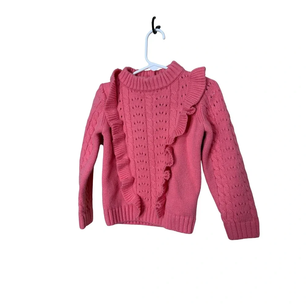 Janie and Jack Girls Pink Cable Knit Ruffle‎ Front Sweater Size 3 Toddler Winter